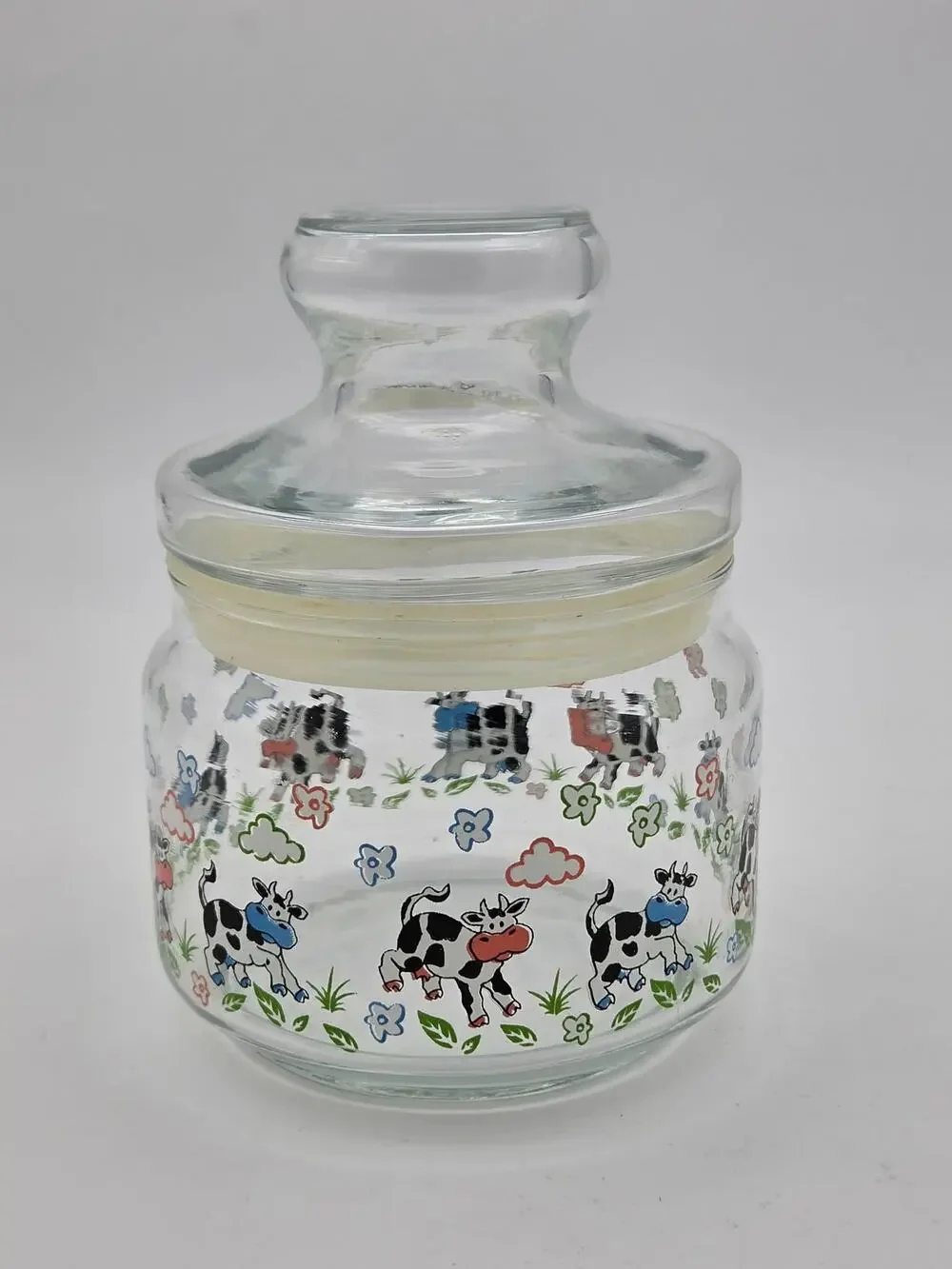 Vintage Cows and Clouds Candy Storage Jar Glass Canister Farmhouse Kitchen